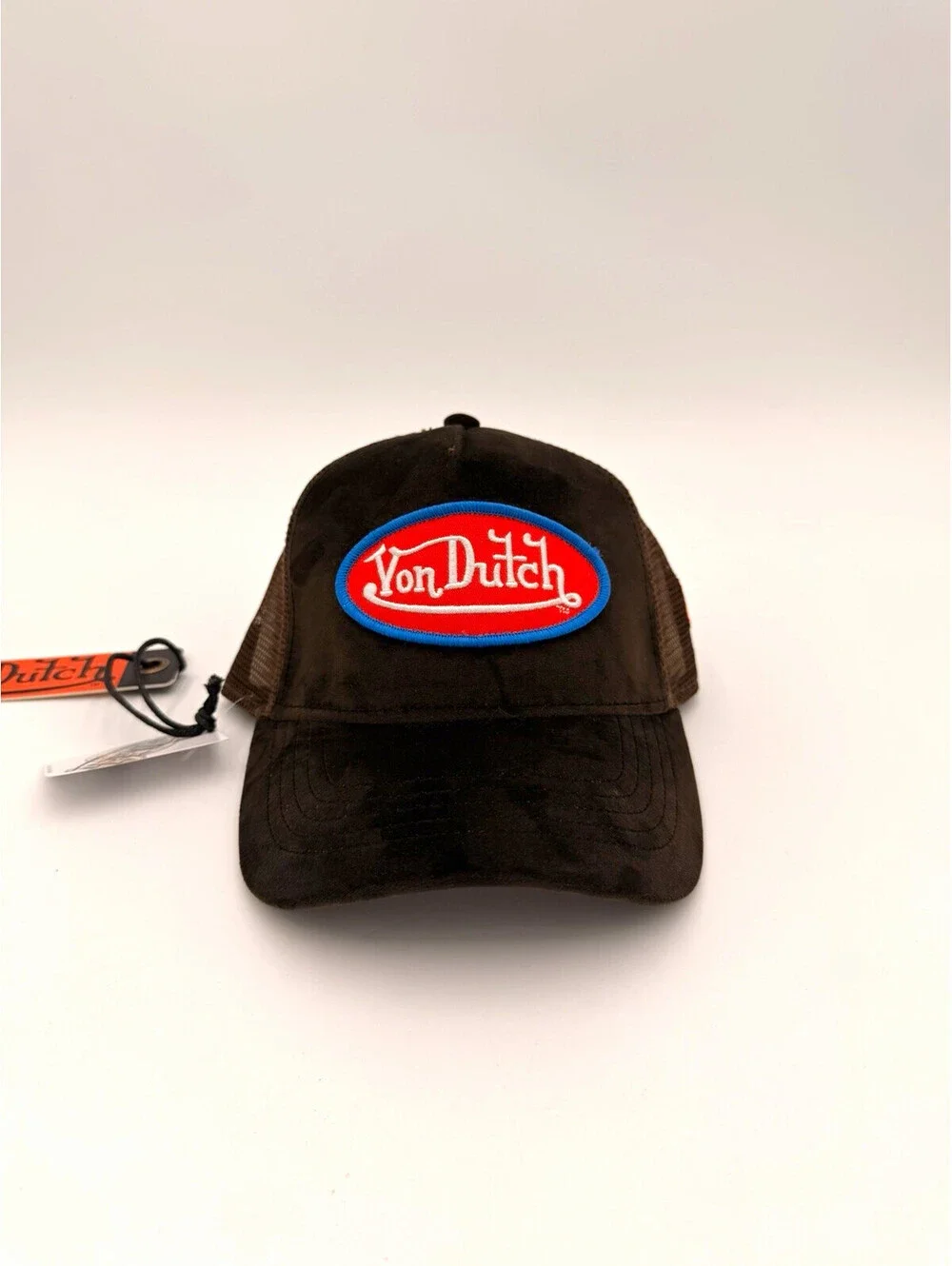 Von Dutch Hollywood Brown Velvet Trucker Hat with Red Blue Logo NWT
